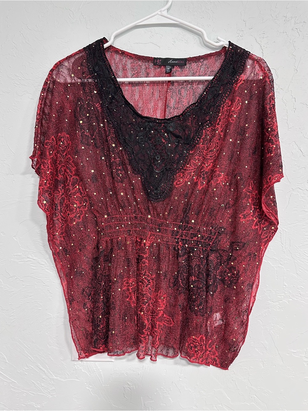 HeartSoul Red Sheer Embellished Tunic Top with Black Lace Yoke